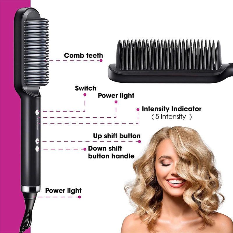 2-in-1 Hair Straightener & Curling Hot Comb – Negative Ion Electric Styling Brush | Tourmaline Ceramic, 10 Temp Settings
