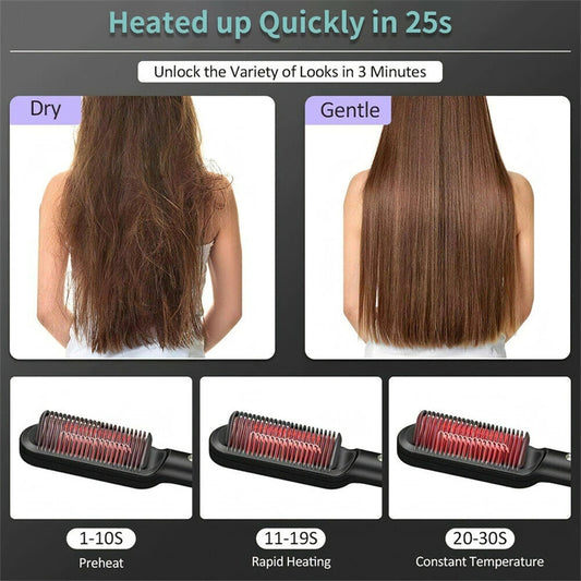 2-in-1 Hair Straightener & Curling Hot Comb – Negative Ion Electric Styling Brush | Tourmaline Ceramic, 10 Temp Settings