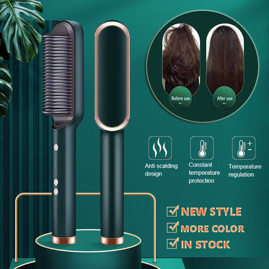 2-in-1 Hair Straightener & Curling Hot Comb – Negative Ion Electric Styling Brush | Tourmaline Ceramic, 10 Temp Settings