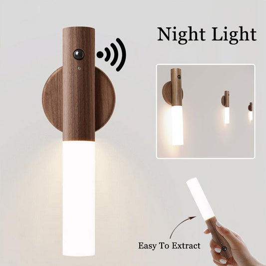 Wireless Motion Sensor LED Night Light – USB Rechargeable Magnetic Wooden Lamp for Hallways, Cabinets & Bedrooms