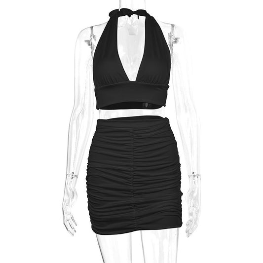 2-Piece Halter Top & Pleated Skirt Set for Women – Lace-Up Hip Design, Trendy & Chic