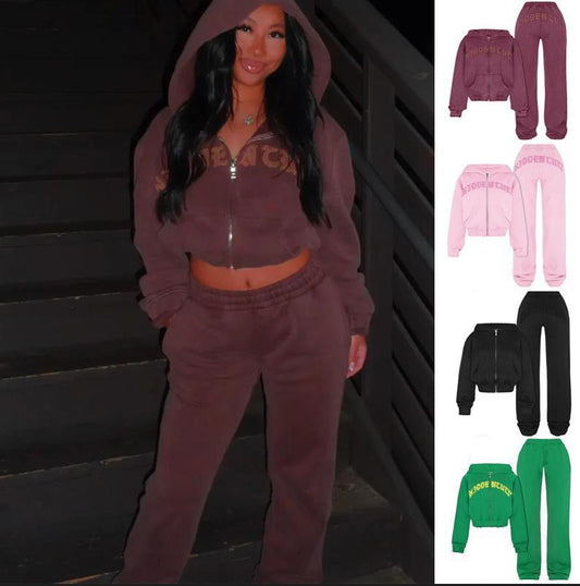 Retro INS Letter Sportswear Set – Women’s Zip-Up Cropped Hoodie & Drawstring Pants Two-Piece Outfit