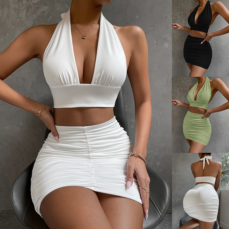 2-Piece Halter Top & Pleated Skirt Set for Women – Lace-Up Hip Design, Trendy & Chic